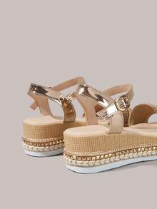 Styleloop Ladies Platform Wedge Sandals Bohemian Vacation Sandals Summer Open-Toed Hemp Rope Straw Shoes Outside Vacation Dress Shoes - khaki knitting - View 5