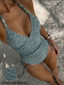 Swim Vcay 2026 New Women's Summer Beach Vacation Green Textured Halter Tankini Set Beaded Swimwear With Drawstring Side,2 Piece Swimwear, Vacation Swimsuits Woman - Blue - View 5