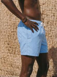 ZELFYO 男士夏季度假印花抽绳腰沙滩短裤，夏威夷风 - 淺藍色 - 查看 5