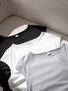SHEIN Sparklyn Bộ 3 áo thun không tay cổ tròn ôm dáng mềm mại dành cho bé gái và thiếu niên, lý tưởng cho mặc hàng ngày vào mùa hè. - Đen và trắng - Xem 5