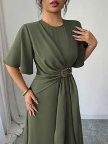 Elenzga 女士优雅休闲通勤度假下午茶派对纯色圆领交叉系带金属扣腰A字长袖喇叭袖口连衣裙，春/秋/冬女士夏季连衣裙，女士优雅连衣裙，女士正装，高品质连衣裙，女士休闲连衣裙 - 軍綠色 - 查看 5