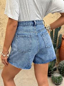 SHEIN Maternity Distressed Frayed Hem Denim Shorts,Summer Smart Casual Blue High Waisted Ripped Jean Shorts With Pockets,Women's Elastic Waist Comfy Shorts - Blue - View 2