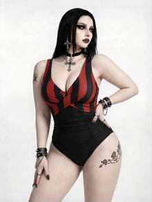 ROMWE Goth New Summer Beach Vacation Punk Striped Retro Patchwork Plus Size One-Piece Swimsuit - Black - View 5