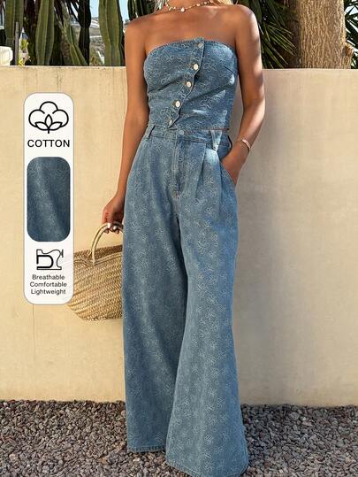 DAZY Damen Lässig Jeans Trägerhemd und Hose Set, blaue Struktur, Sommer