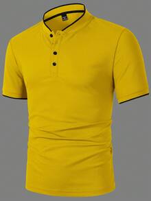 Manfinity Homme Men's Casual Button-Up Short Sleeve Polo Shirt, Formal - Yellow - View 5
