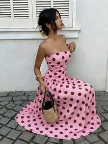 Vestido de cintura alta con estampado de lunares , estilo vacacional - Volcanic Gray - Ver 4