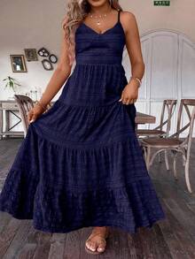 SHEIN Plus Size Navy Blue Plain Tiered Long Cami Dress Casual Ruffle Hem For Summer Vacation And Spaghetti Strap For Women Summer - Navy Blue - View 3