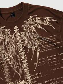 ROMWE MEN Goth 男士休闲标语翅膀印花圆领短袖T恤，夏季 - 咖啡棕 - 查看 5