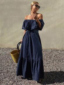 DAZY Vestido largo y súper holgado de mujer, vestido de mezclilla lavada de estilo vacacional - Azul lavado oscuro - Ver 5