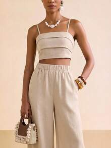 Zivah 2026 Spring/Summer New Music Festival Easter Western Boho Nashville Party Wedding Cocktail Daily Casual Vacation Cruise Beach Elegant Commute Business 2-Piece Set, Spaghetti Strap Ruched Front Backless Top + Wide Leg Pants, Bamboo Fiber Khaki Suit, Women's Outfit - Khaki - View 1