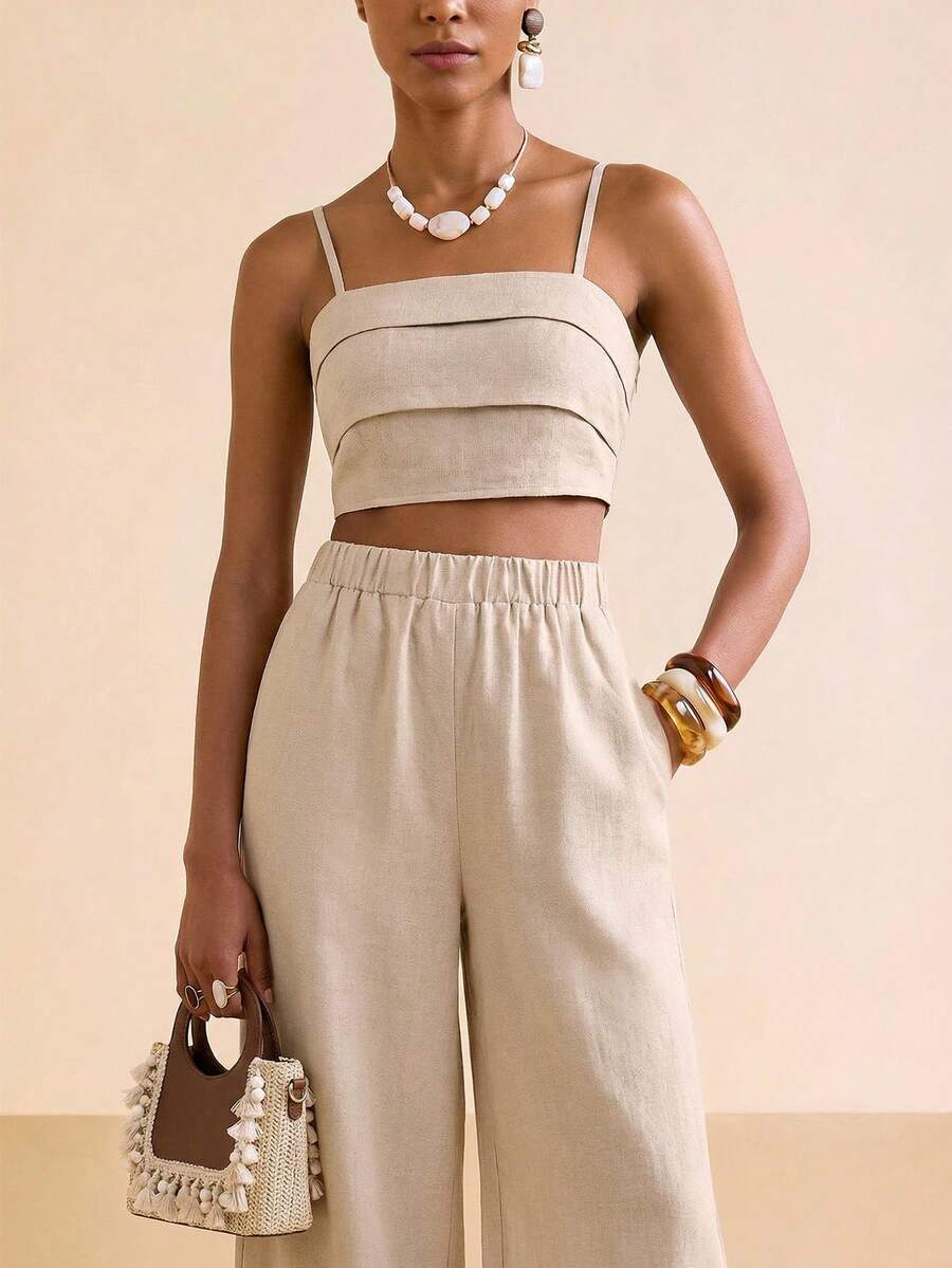 Zivah 2026 Spring/Summer New Music Festival Easter Western Boho Nashville Party Wedding Cocktail Daily Casual Vacation Cruise Beach Elegant Commute Business 2-Piece Set, Spaghetti Strap Ruched Front Backless Top + Wide Leg Pants, Bamboo Fiber Khaki Suit, Women's Outfit - Khaki - View 1
