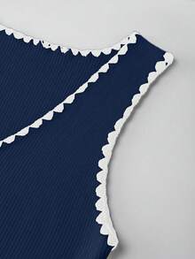 SHEIN 新款奢华时尚撞色V领简约优雅女装，夏季新款撞色无袖修身针织吊带连衣裙，性感妩媚日常通勤显瘦紧身连衣裙 - 寶藍色 - 查看 4