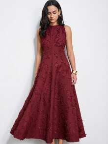 Aveloria Modichic New Arrival Elegant Commuter Style Cutout Decor Extra Long Flared Dress, Special Fabric - Rose Red - View 4