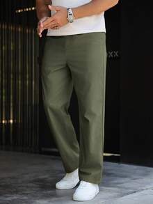 Manfinity Homme Men's Solid Color Straight Leg Loose Casual Pants - Army Green - View 5