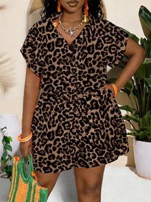 Slaydiva Plus Size Women Leopard Print Drawstring Waist Jumpsuit, Slimming, Suitable For Summer - Multicolor - View 3