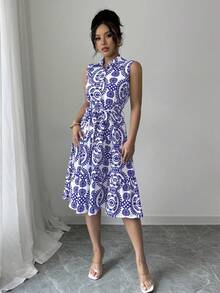 SHEIN Elenzya Women's Casual Sleeveless Full Print Dress, Summer - Royal Blue - View 3
