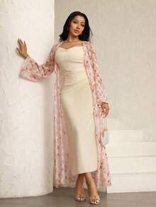 Modelyn Bộ đồ 2 món dành cho nữ: Áo khoác dài tay in họa tiết jacquard màu vàng thanh lịch, lãng mạn và váy chữ A màu mơ dệt kim, thắt eo, thích hợp cho mùa xuân/hè. - Hồng - Xem 6