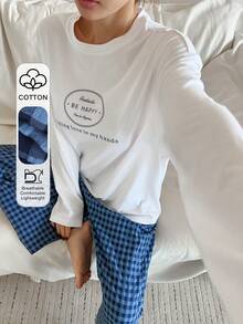 DAZY 2pcs/Set Women Graphic Print Loose Long Sleeve T-Shirt And Straight Long Pants Casual Sleepwear Suit, Spring - White - View 4