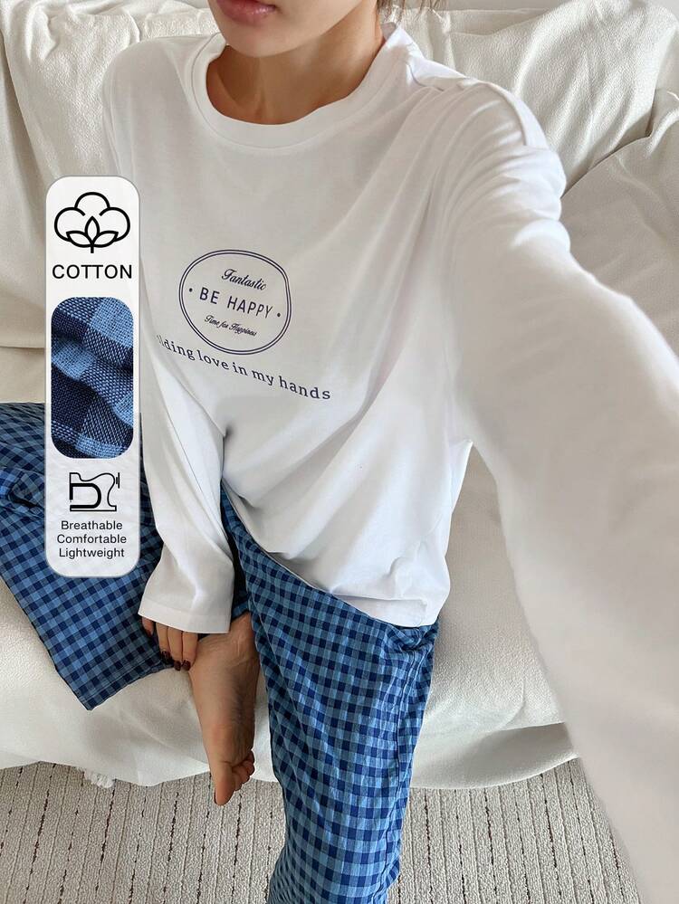 2pcs/Set Women Graphic Print Loose Long Sleeve T-Shirt And Straight Long Pants Casual Sleepwear Suit, Spring