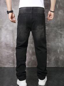 Manfinity Homme 男士休闲日常通勤简约百搭纯色直筒牛仔裤 - 深灰色 - 查看 2