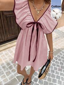 Serisse Women's Striped Front Tie Ruffle Hem Short Dress,Summer Dresses For Women - Burgundy - View 5