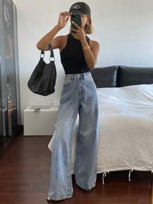 Livesso Quần jeans nữ dáng rộng, thoải mái, kiểu vintage, ống đứng, thích hợp cho mùa xuân, hè, công sở, dạo phố, lễ hội âm nhạc, kỳ nghỉ. - Rửa trung bình - Xem 7