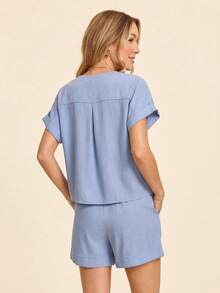 Coeurva 女士休闲浪漫舒适纯蓝色两件套，春夏两件套短袖连体衣，女士夏季休闲套装，短袖连体衣，蓝色两件套，女士短裤套装，春夏精选蓝色上衣和短裤休闲夏季套装，女士两件套 - 藍色 - 查看 10