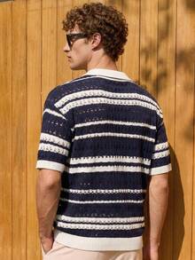 Manfinity CityGents Men's Vacation Casual Striped Short Sleeve Hollow-Out Knit Top Men Italy Vacation Outfits Men's Crochet Shirts Men's Resort Wear - Multicolor - View 2