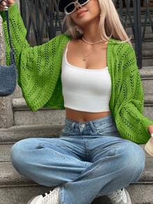 蝙蝠袖镂空轻薄针织开衫 - 綠色 - 查看 5