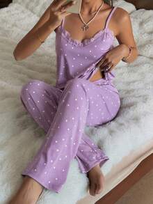 ZzzCrew Women's Knitted Ribbed Contrast Lace Sleepwear Set, Lavender Heart Print Sexy Chic Camisole And Lounge Pants, Suitable For All Seasons Polka Dot Pajama Set Pajama Party Set For Ladies Pajamas Set Women Two Piece Pj Sets For Women Sleep Clothes For Women - Purple - View 5