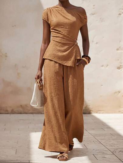 Zivah 2026春夏新款情人节音乐节复活节西部波西米亚纳什维尔派对婚礼正式约会休闲学生日常基本休闲邮轮海滩日光浴优雅通勤商务休闲不对称肩短袖褶皱金属点缀上衣+带真口袋的阔腿裤，浅棕色两件套，春夏度假休闲套装，女士两件套橙色裹身连衣裙伊比沙羊毛两件套女士Talk连衣裙Zanzea女士连衣裙Ycv9w折扣码