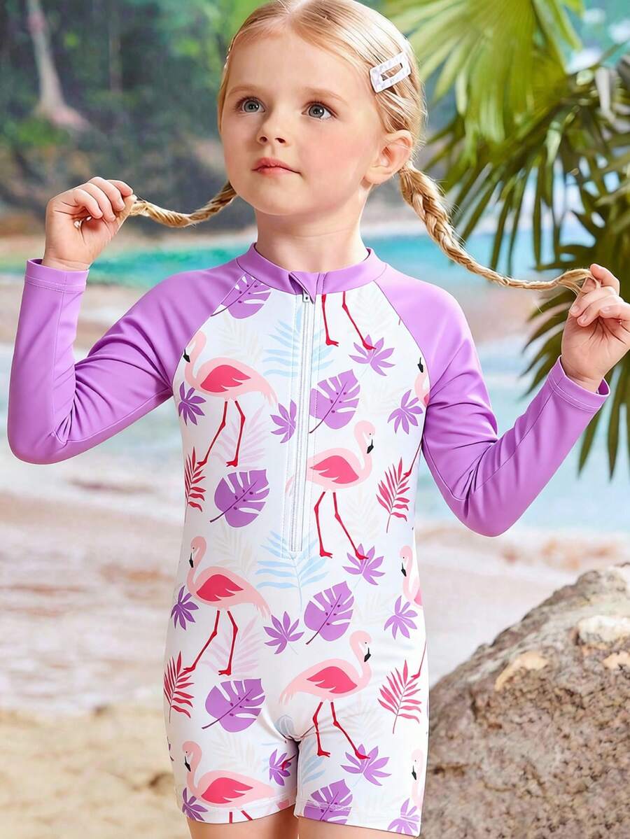SHEIN 女童鲨鱼印花长袖连体泳衣，可爱设计，防晒，夏季 - 紫色 - 查看 1