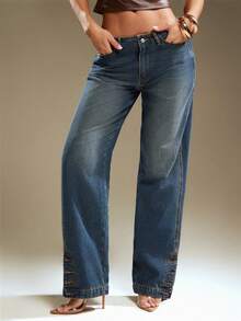 Denimoi Low Rise Slit Ankle Button Detail Straight Leg Jeans Fashionable Streetwear Sexy Jeans Low Rise - Medium Wash - View 5