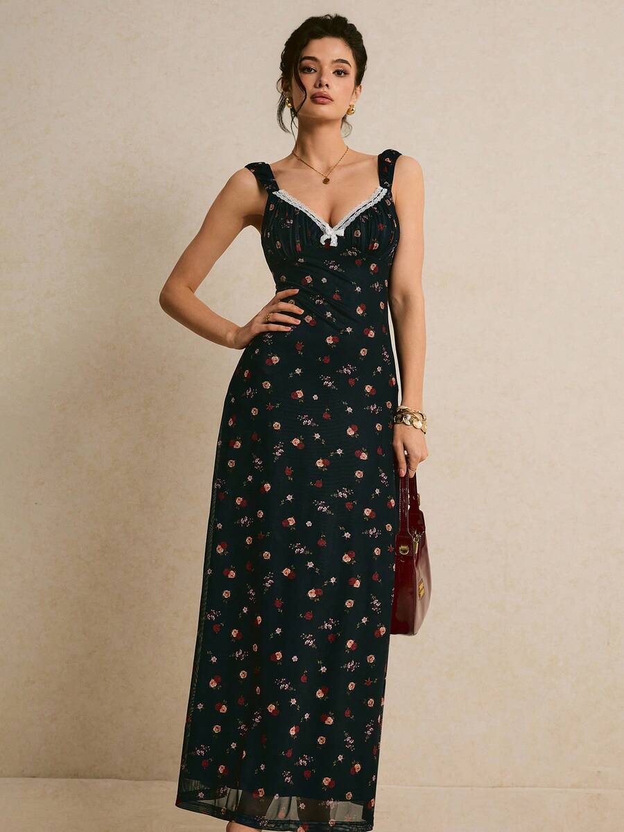 Poéselle Women's Elegant Small Floral Print Dress, Summer - Black - View 1