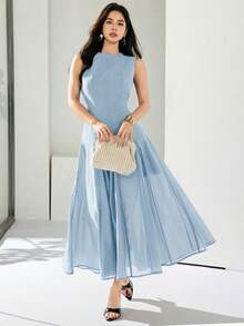 Heiryn Gaun Elegan Tanpa Lengan Leher Bulat Warna Polos untuk Wanita, Gaun Musim Panas untuk Wanita - Baby Blue - View 6