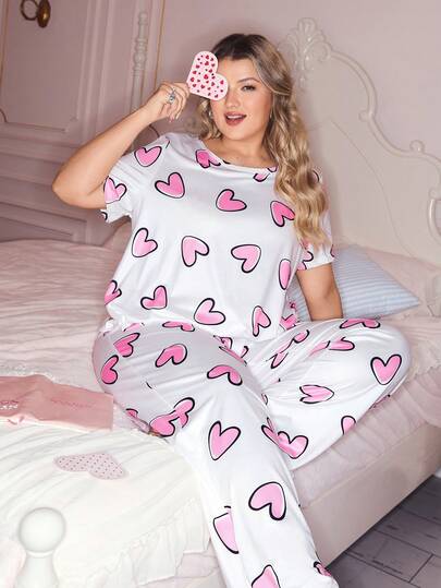 Slumberry CURVE 爱心印花短袖长裤睡衣套装，加大码