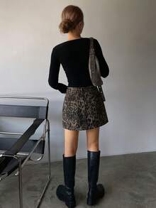 Dazy Tall 高个女式豹纹半身裙，度假风牛仔迷你裙 - 軍綠色 - 查看 3