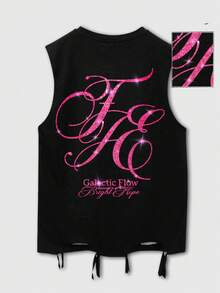 ROMWE MEN 男士字母印花黑色圆领休闲背心，夏季 - 黑色 - 查看 7