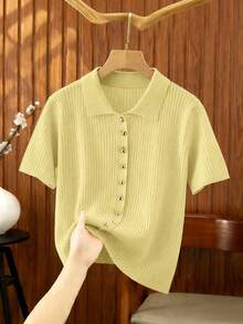 SHEIN Franclia 新款夏季休闲宽松百搭简约优雅柔软Polo衫，适合办公室、工作、通勤等场合，金属纽扣设计，修身剪裁，款式简洁大方，男女皆宜，极简女式开衫 - 黃色 - 查看 7