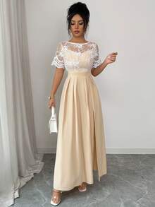 SHEIN Elenzya Đầm nữ tay ngắn phối ren, dáng ôm, xẻ tà, kiểu dáng thường ngày. - Màu be - Xem 4
