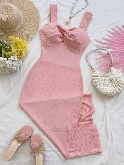 Soleia Women's Solid Color Wide Strap Sleeveless Twist Design Midi Dress, Elegant Minimalist Style For Summer