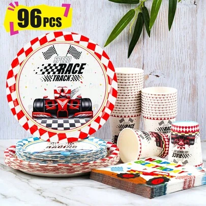 Bộ đồ dùng tiệc dùng một lần chủ đề đua xe Công thức 1 gồm đĩa, khăn ăn và cốc giấy, phục vụ 24 khách. Bộ đồ dùng tiệc bằng giấy dùng một lần này phù hợp cho sinh nhật, đám cưới, tiệc theo chủ đề và dã ngoại gia đình.