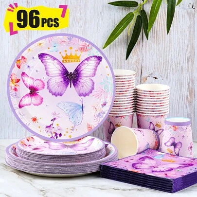 Purple Butterfly Crown Disposable Plates, Napkins And Paper Cups Party Set, Serves 24 Guests. This Disposable Paper Party Tableware Is Suitable For Birthdays, Weddings, Themed Parties And Family Picnics.
