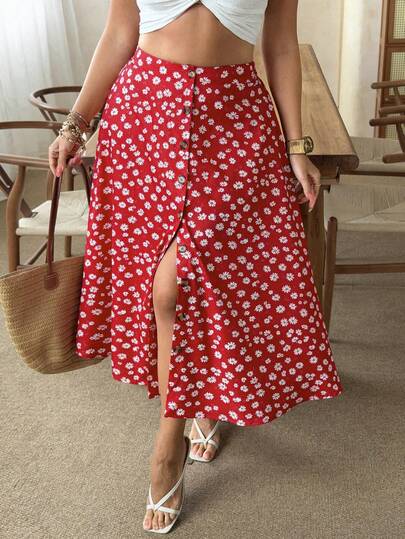 Ceyna Plus Size Women All-Over Print Single-Breasted Casual Versatile Date/Travel A-Line Skirt