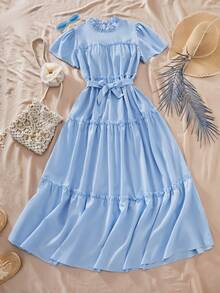 SHEIN 少女翻领装饰纽扣短袖拼接提花下摆连衣裙 - 藍色 - 查看 3