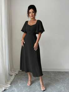 Modelyn Women's Solid Butter Yellow Chiffon Ruffle Sleeve Design Summer French Style Vacation Dress - Black - View 6