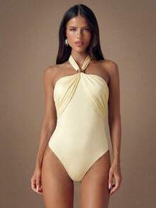 SHEIN BAE 秋季女士性感金属装饰褶皱连体衣，酒红色连体衣，性感连体衣，时尚单品 - 黃色 - 查看 1