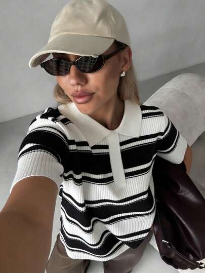 DAZY Women's Striped Black & White Contrast Color Polo Collar Fitted Short Sleeve Sweater, Lightweight For Spring And Summer