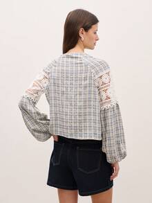 Nöista Lantern-Sleeved Top, Combining Lace And Plaid Fabric, Features Delicate Lace, A Slightly V-Neck, And Vintage Wooden Buttons, Making It A Perfect Choice For Spring/Summer Vacation Wear And Showcasing Feminine Elegance. - Blue - View 2