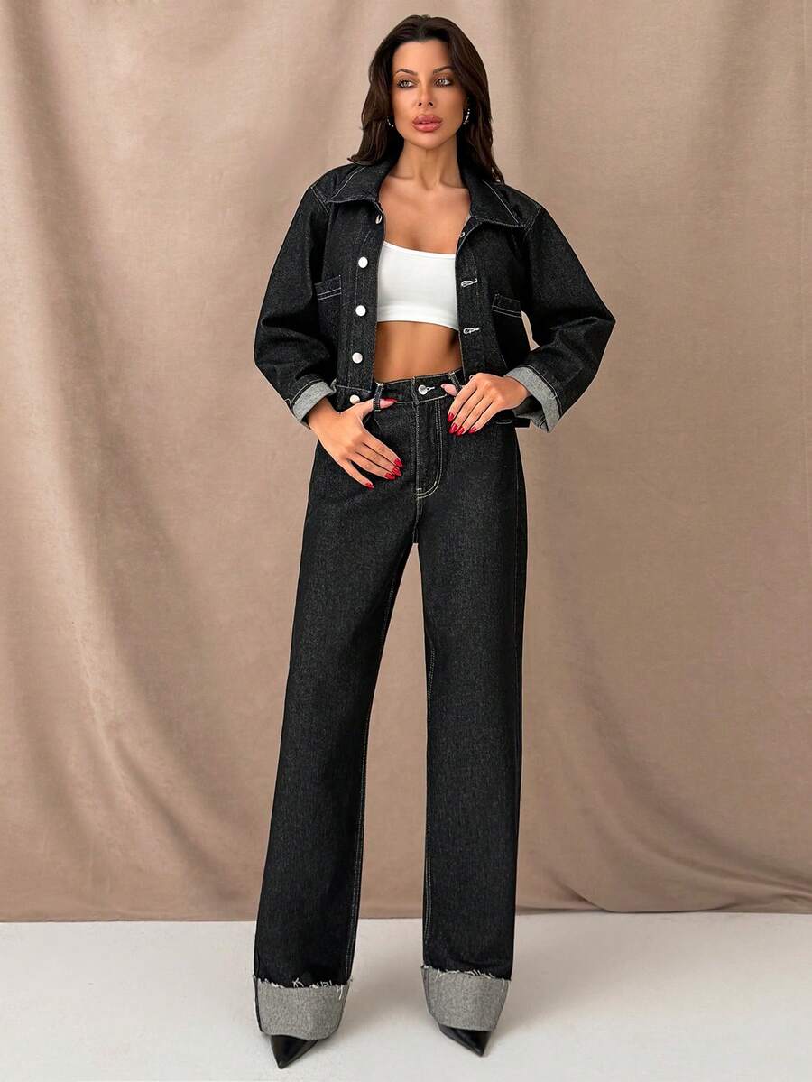 EURMUSE Jacket And Jean Two Pieces Denim Suit - Dark Wash - View 1